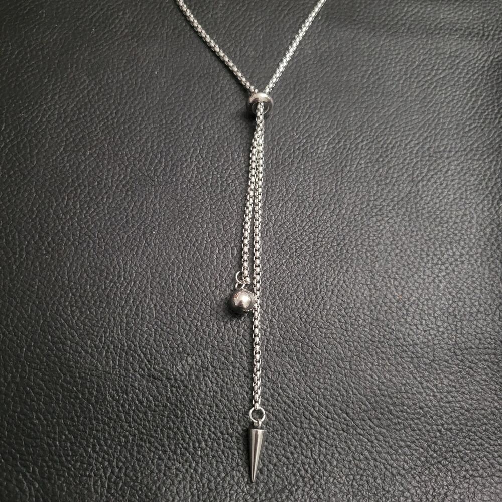 Silver spiked Y lariat bolo style adjustable necklace, stainless steel
